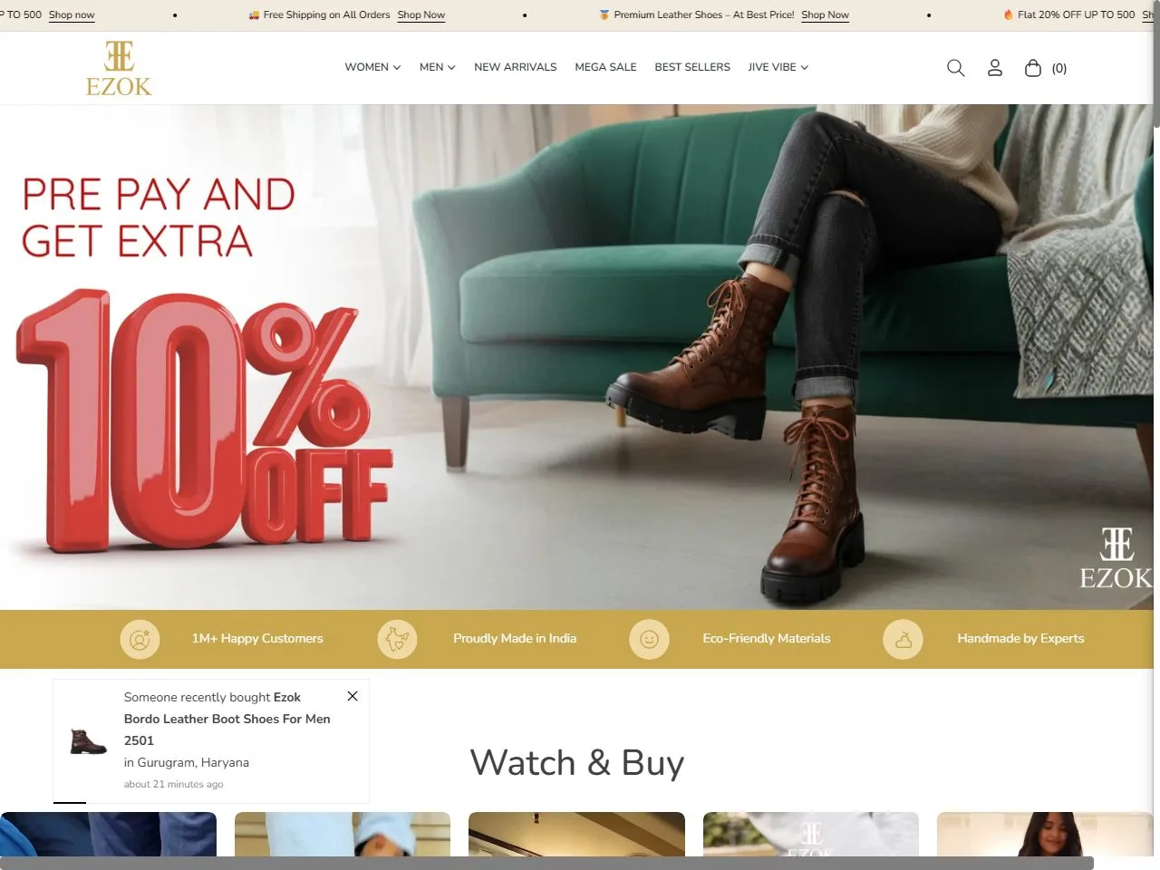 Screenshot of the Ezok Shoes website