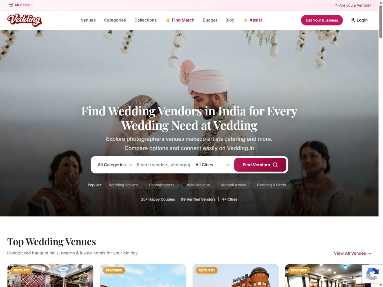 Screenshot of the Vedding website